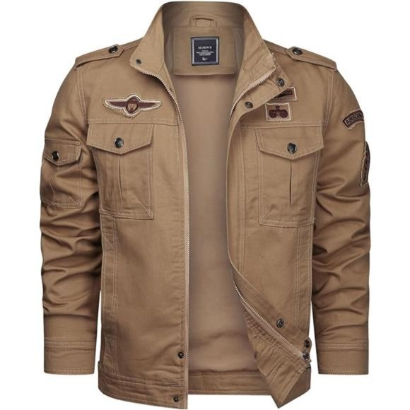 Men Military JacketCotton Utility Coat Cargo Bomber Stand Collar Multi-Pocket